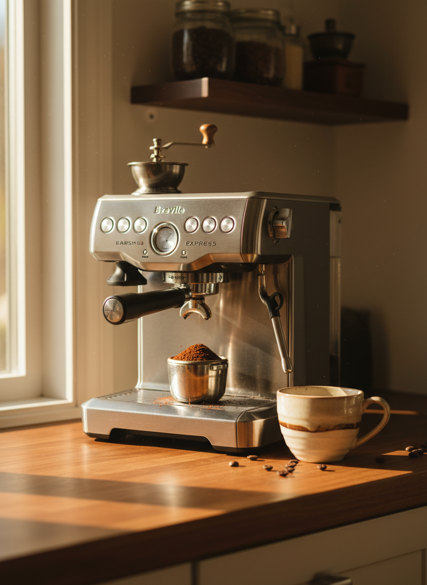 Breville Barista Express espresso machine on a warm wooden kitchen counter in golden morning light