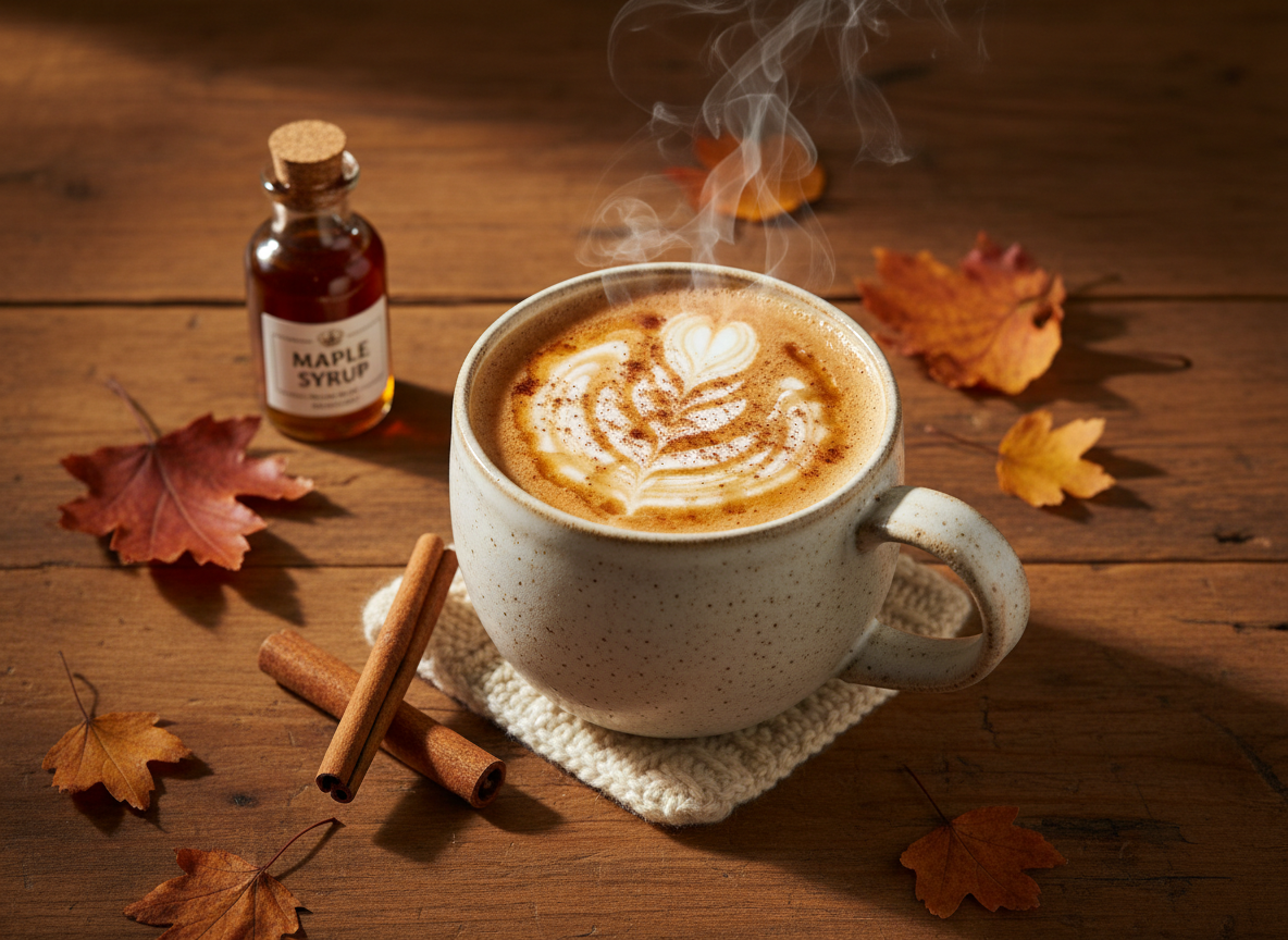 A warm maple cinnamon latte in a cozy autumn setting