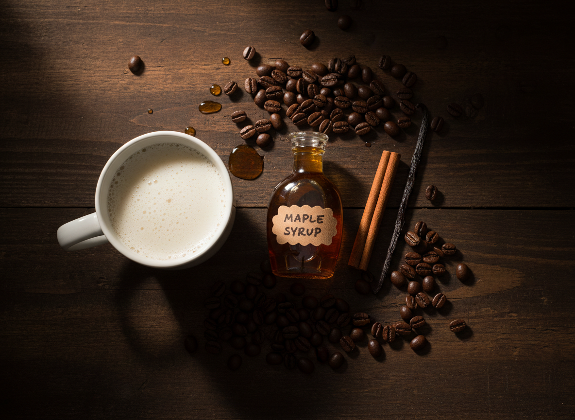 Maple cinnamon latte ingredients laid out on a dark wood surface