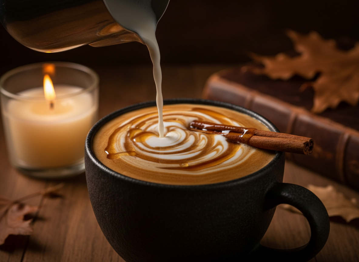 Steamed milk being poured into a maple espresso in a dark ceramic mug
