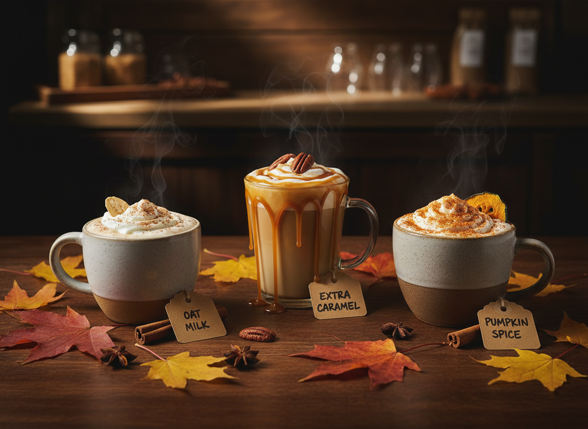 Three cozy maple cinnamon latte variations on a dark wood table with fall leaves