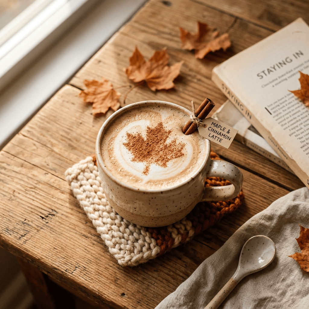 Maple cinnamon latte with leaf-shaped foam art beside an open book and autumn leaves