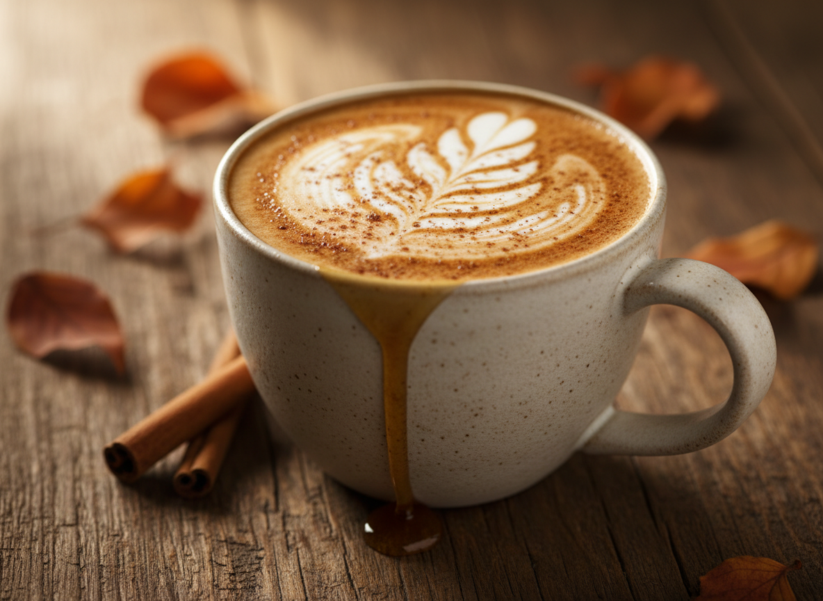 A cozy maple cinnamon latte in a warm ceramic mug with cinnamon stick garnish, topped with silky milk foam and a dusting of cinnamon. The mug sits on a soft beige linen napkin on a rustic wooden table with autumn leaves nearby. Soft, golden afternoon lighting creates a warm, hygge-inspired mood.