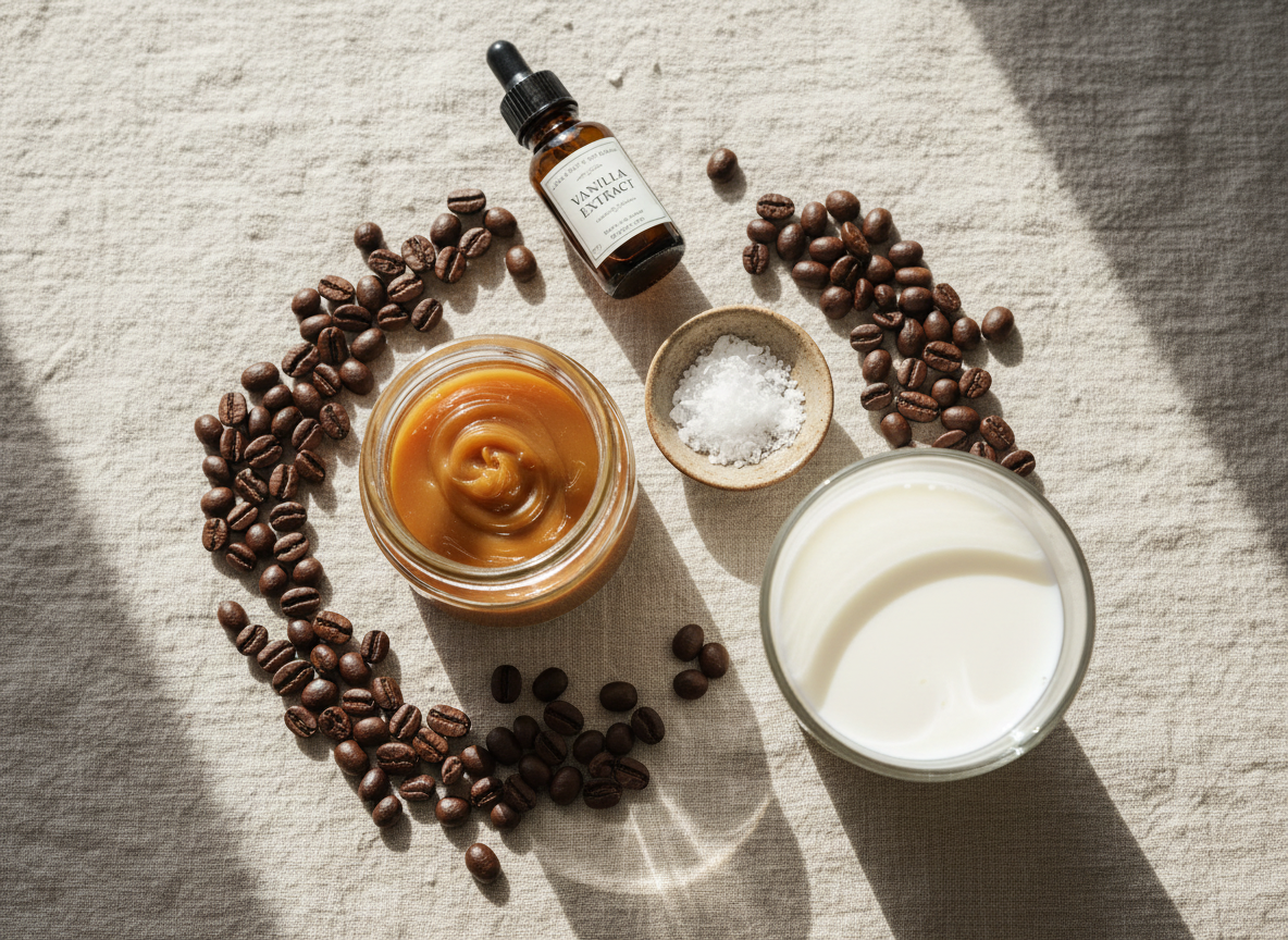 Salted caramel latte ingredients flatlay