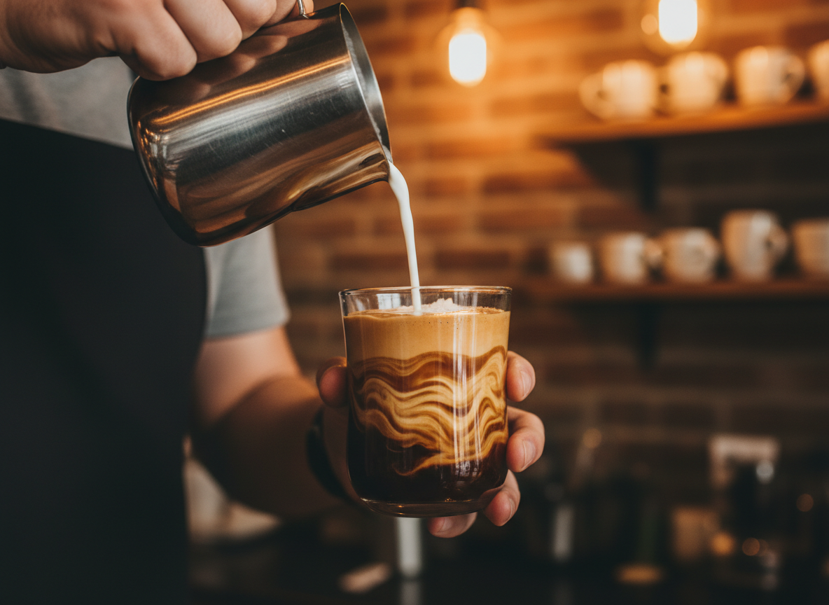 Pouring steamed milk into salted caramel espresso