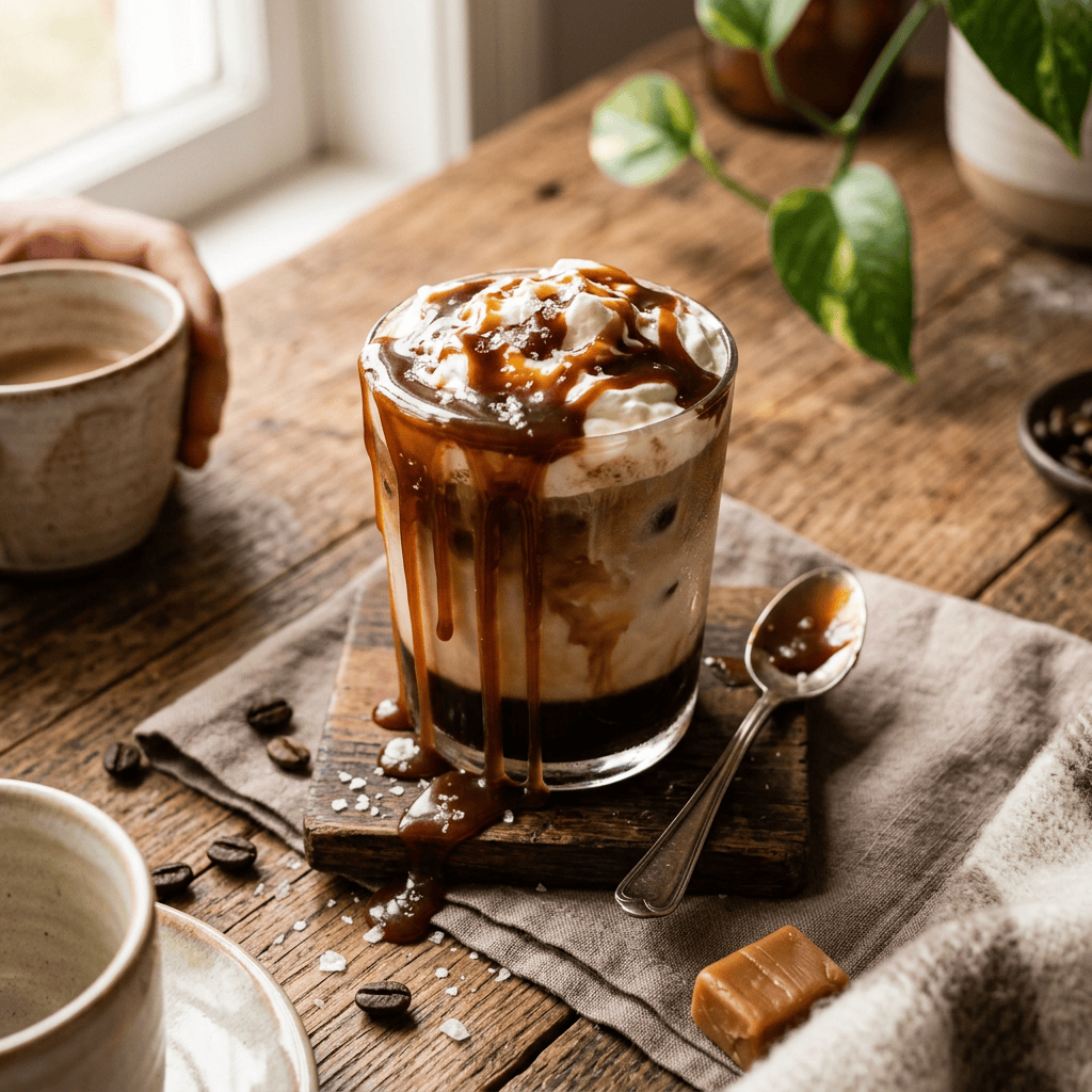 Iced coffee topped with whipped cream and caramel sauce
