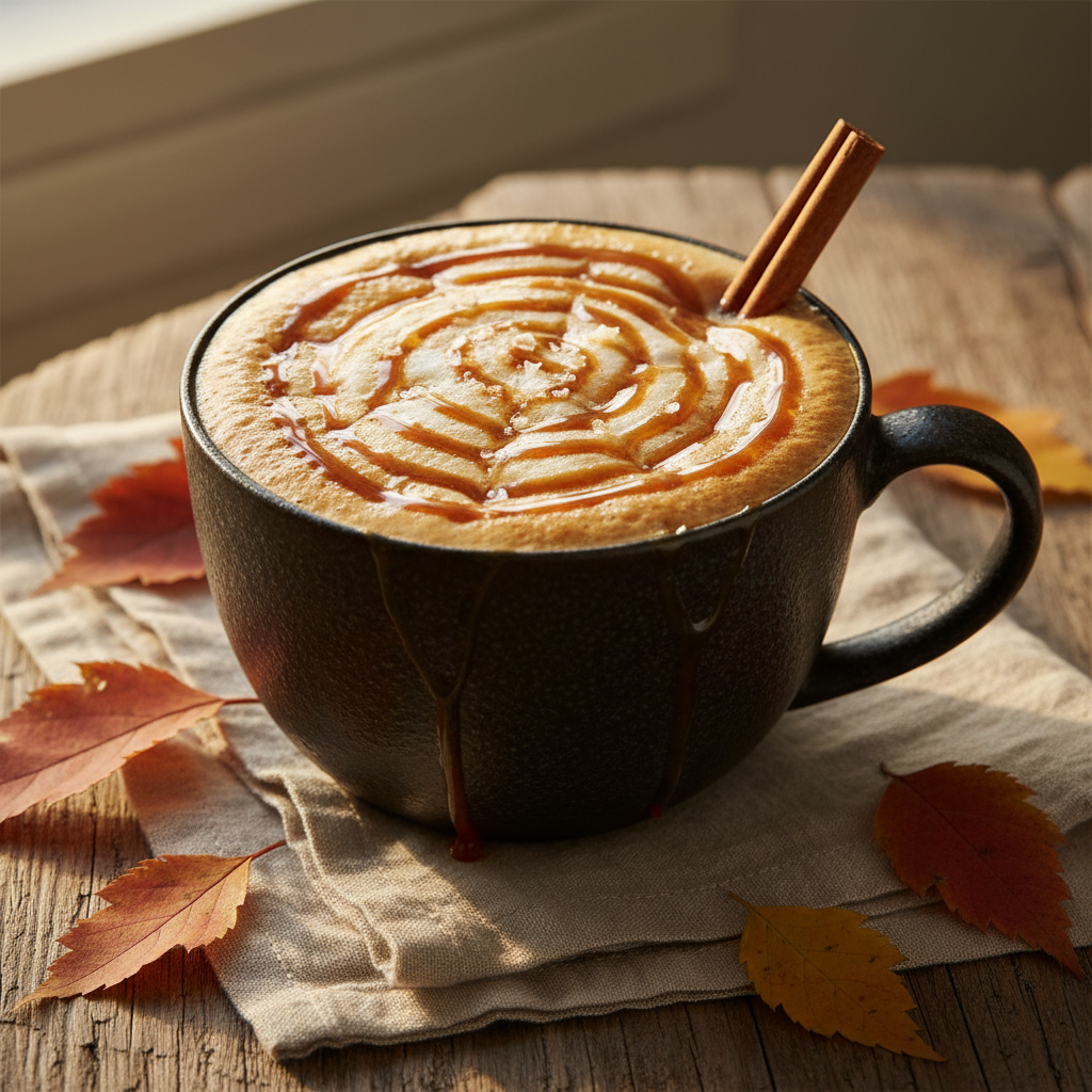 A cozy salted caramel latte in a dark ceramic mug with golden caramel drizzle and a pinch of flaky sea salt on velvety steamed milk, garnished with a cinnamon stick, sitting on a beige linen napkin with autumn leaves nearby in warm golden lighting