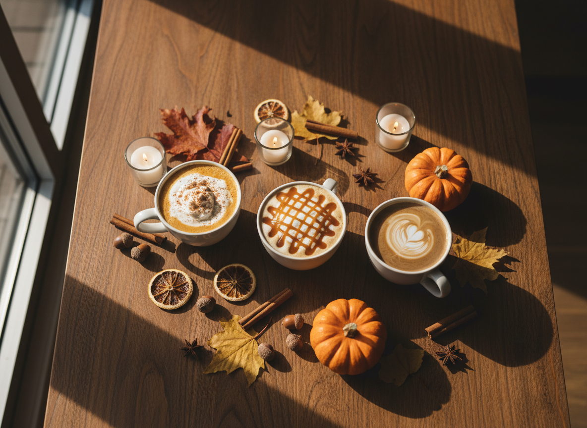 A warm, softly lit home café scene with a latte, candle, and fall leaves on a wooden table