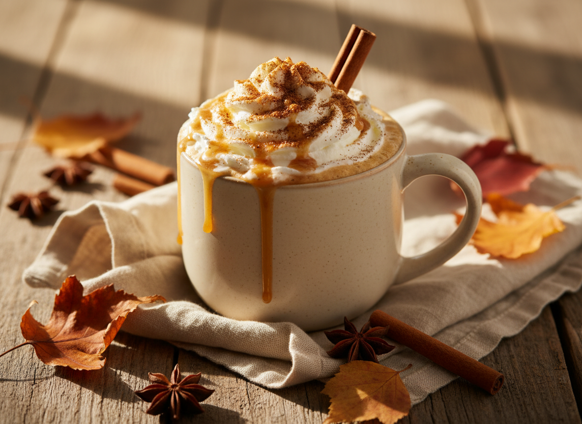 A cozy pumpkin chai latte in a cream ceramic mug topped with whipped cream and pumpkin pie spice, surrounded by autumn leaves and cinnamon sticks