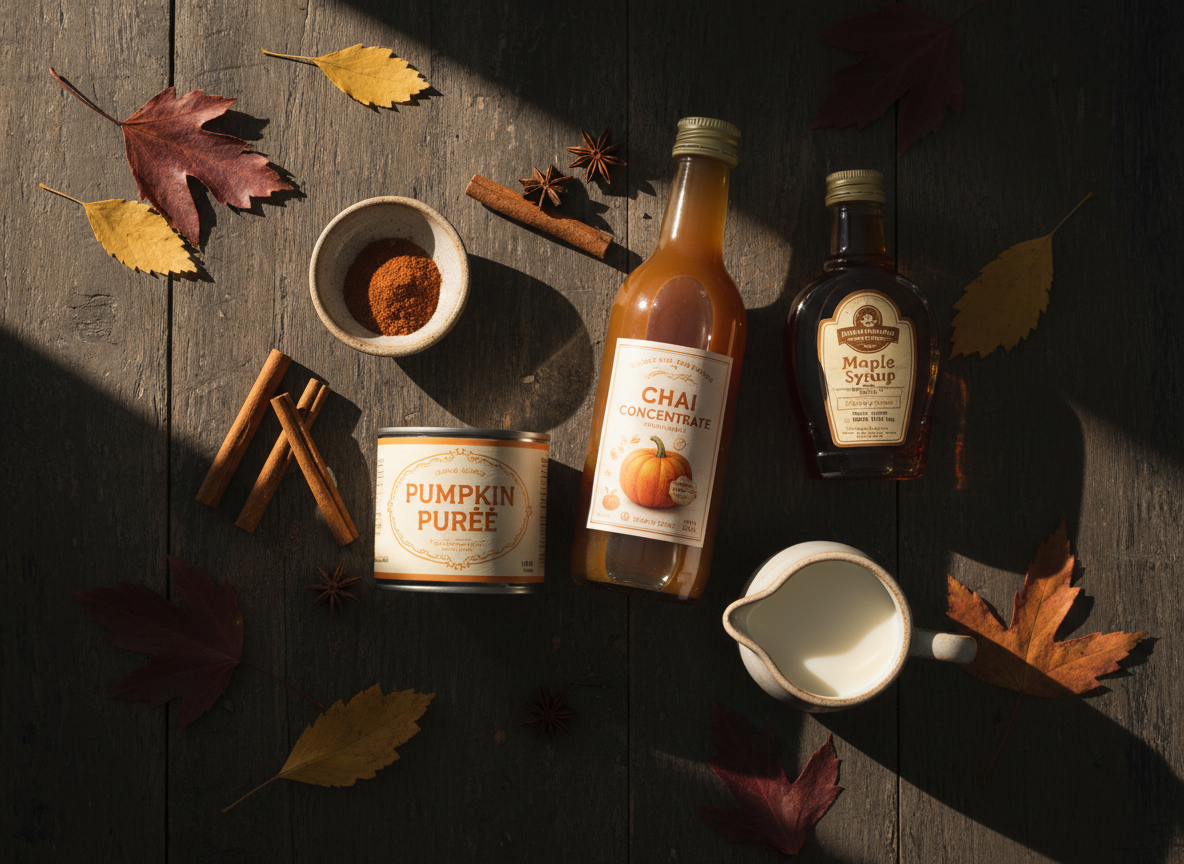 Overhead flatlay of pumpkin chai latte ingredients