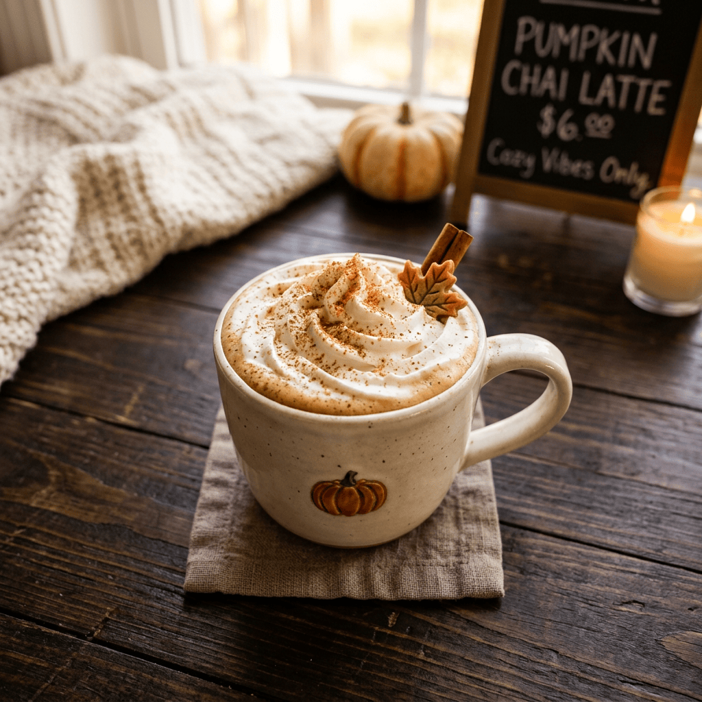 Pumpkin chai latte topped with whipped cream and cinnamon on a rustic table