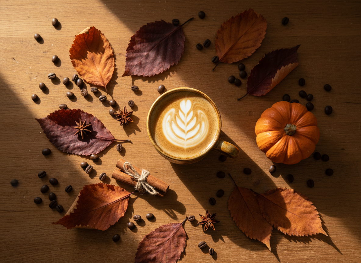 Cozy fall coffee scene with warm autumn colors