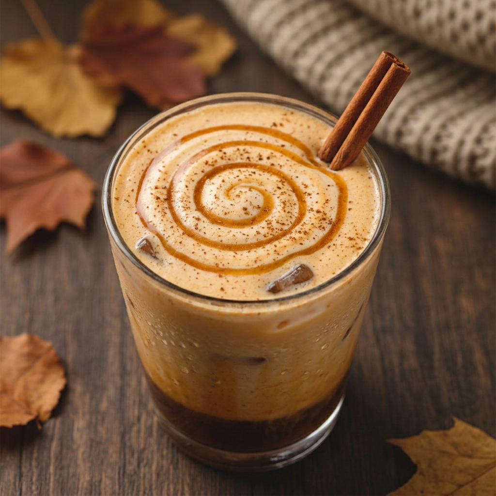 A cozy maple cinnamon latte in a warm ceramic mug, topped with frothy steamed milk and a swirl of maple syrup drizzle. A cinnamon stick resting on the rim, golden maple tones, soft warm light, autumn leaves or a wooden surface in the background. Editorial coffee shop style, overhead or slight angle, warm and inviting fall aesthetic.