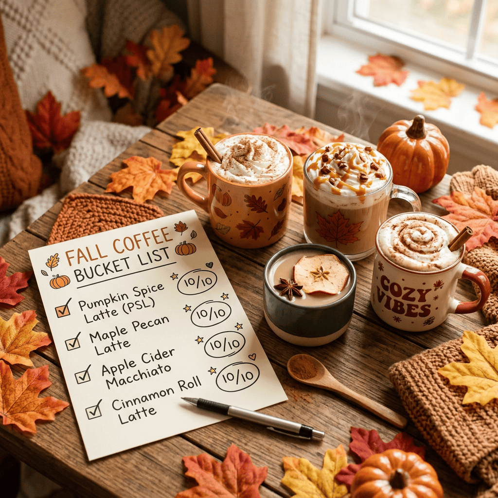 Fall Coffee Bucket List listing Pumpkin Spice Latte (PSL), Maple Pecan Latte, Apple Cider Macchiato, and Cinnamon Roll Latte, each rated 10/10; mugs also read Cozy Vibes.