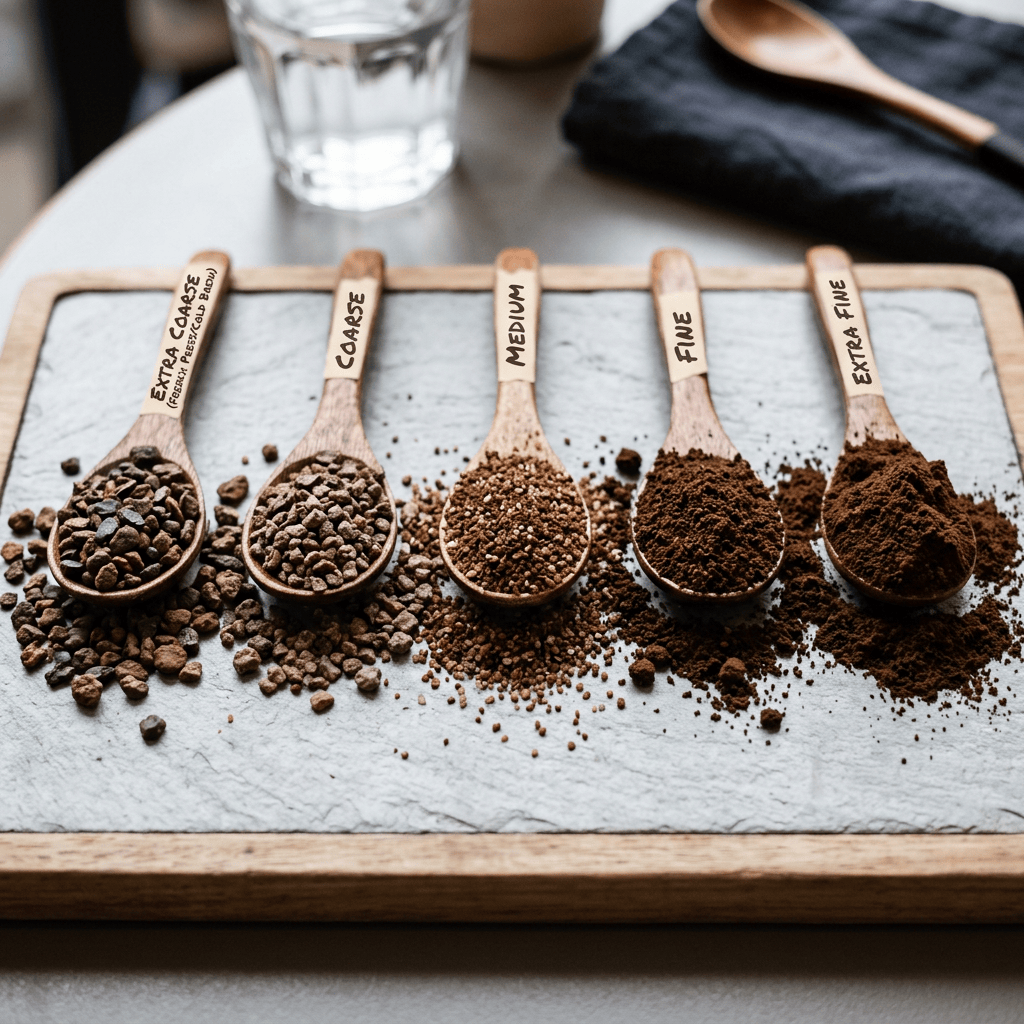 Five spoons labeled EXTRA COARSE, COARSE, MEDIUM, FINE, and EXTRA FINE with coffee grounds