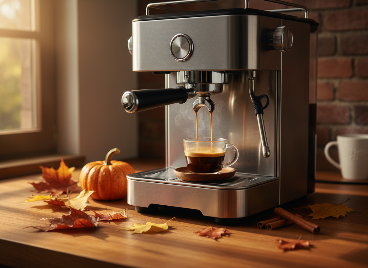 Fall espresso machine setup with autumn leaves and cinnamon