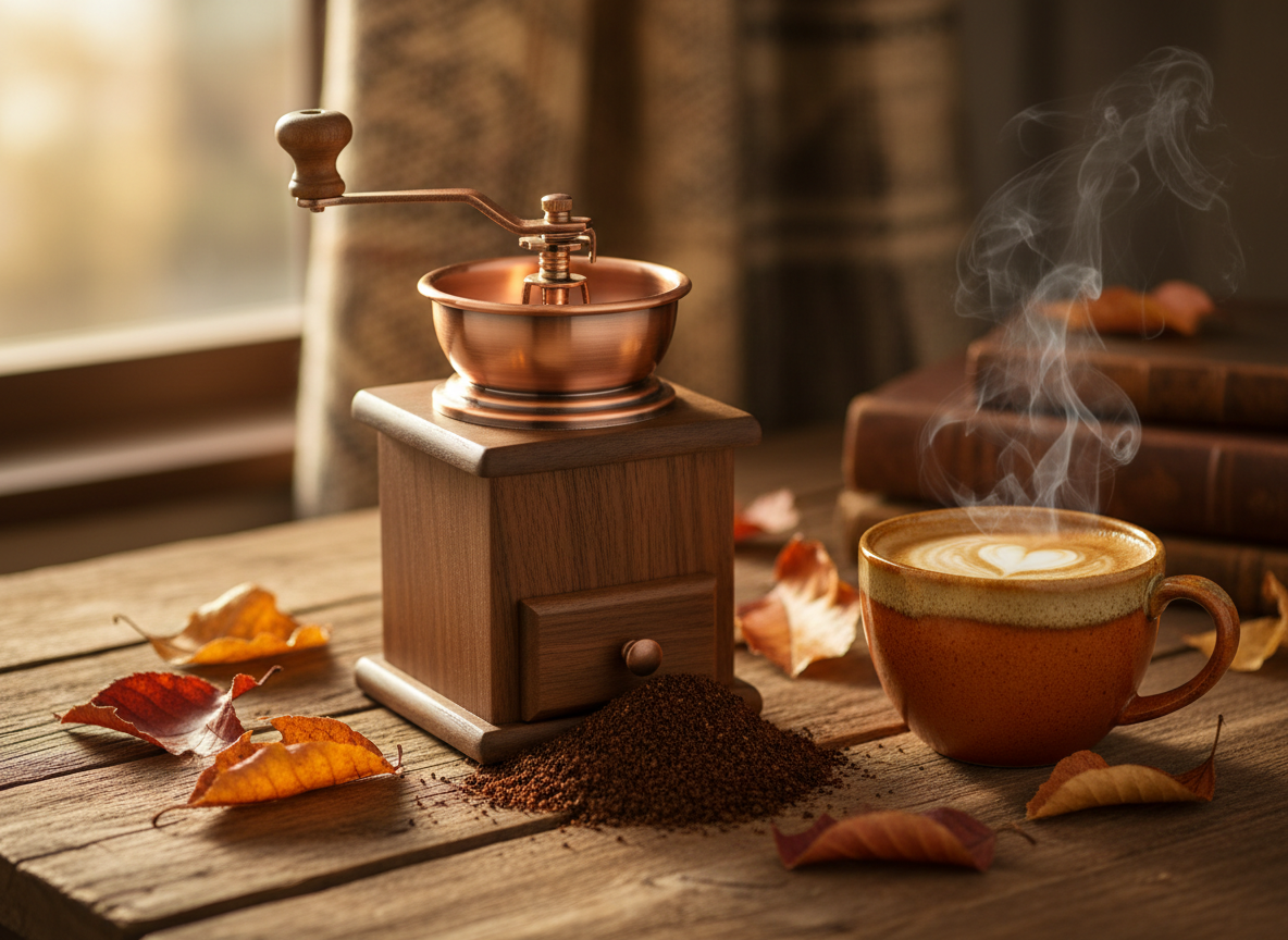 Fall coffee grinder with autumn leaves and warm golden light