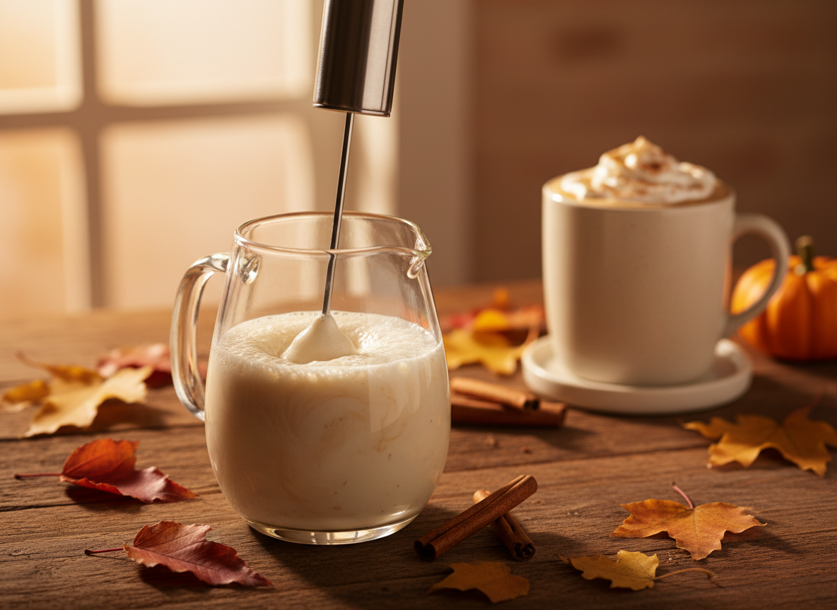 Milk frother with pumpkin spice latte and fall decor