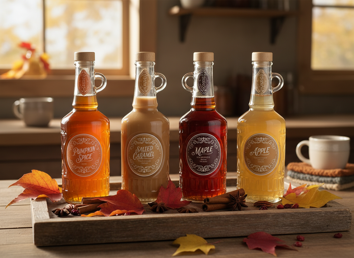 Fall coffee syrups including pumpkin spice and salted caramel