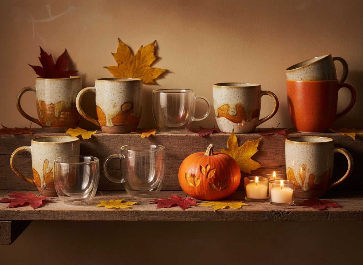 Cozy ceramic mugs and glass coffee cups with autumn leaves