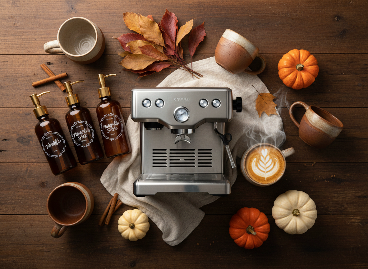Fall coffee bar flat lay with espresso machine and autumn decor