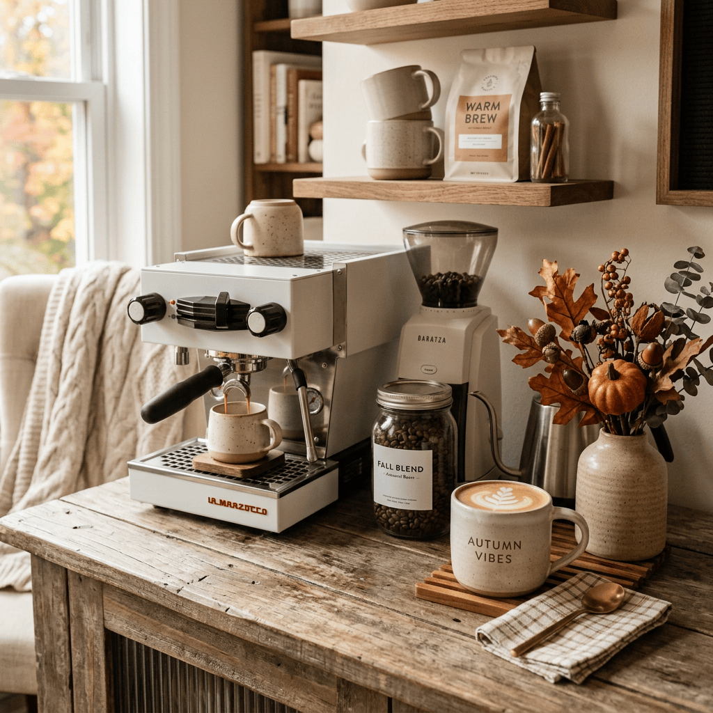 Home espresso station with coffee machine, beans, latte, and autumn decor