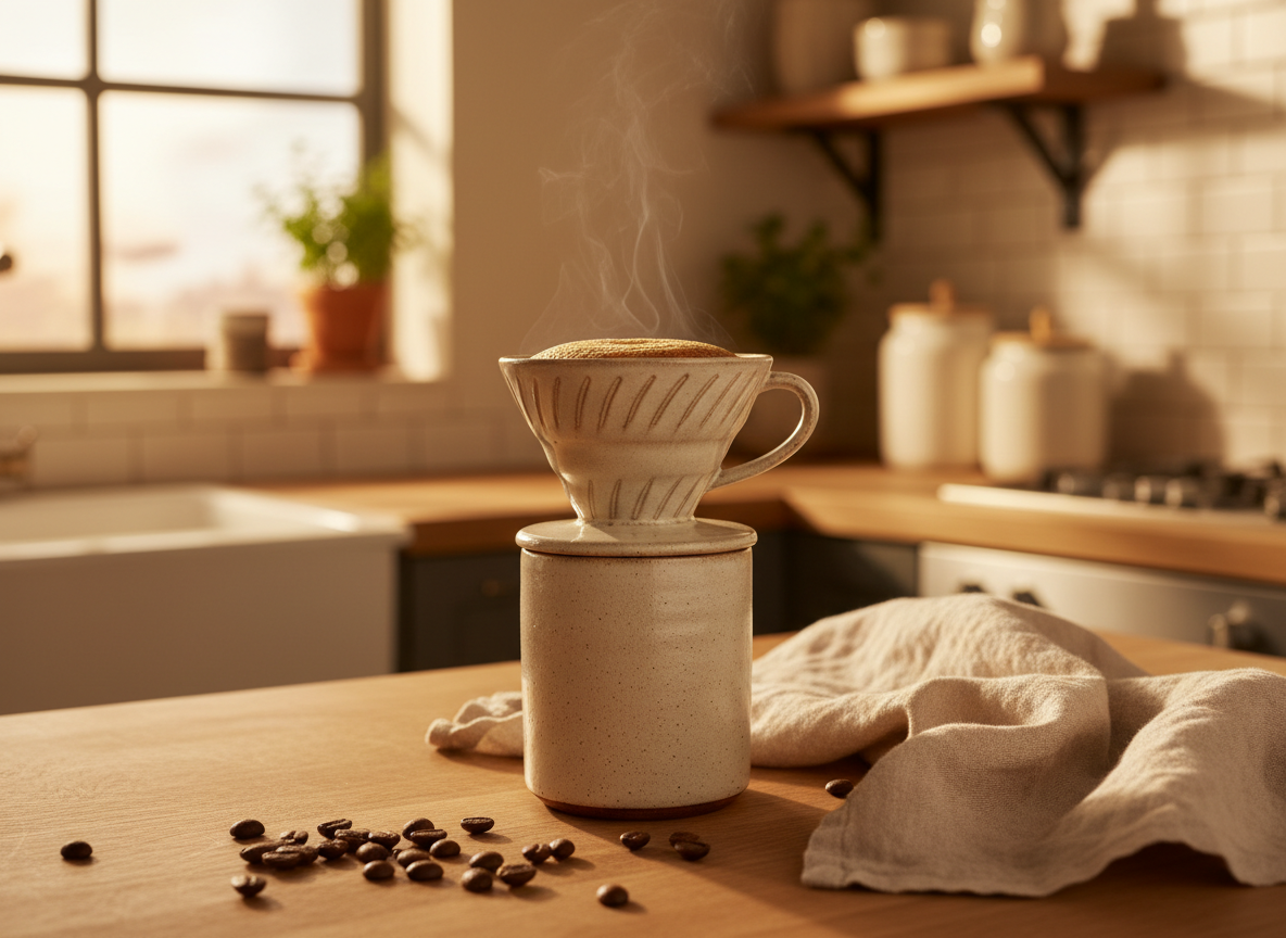 A cozy home café scene in warm golden-hour light with a ceramic pour-over dripper and a mug of fresh coffee on a wood countertop.