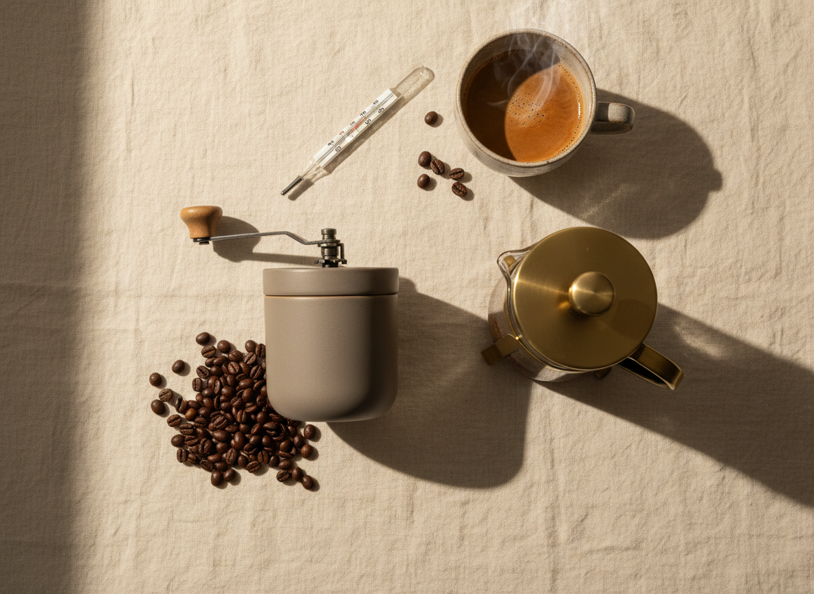 An overhead flat-lay of home coffee brewing essentials — a burr grinder, French press, whole beans and a ceramic cup on warm cream linen.