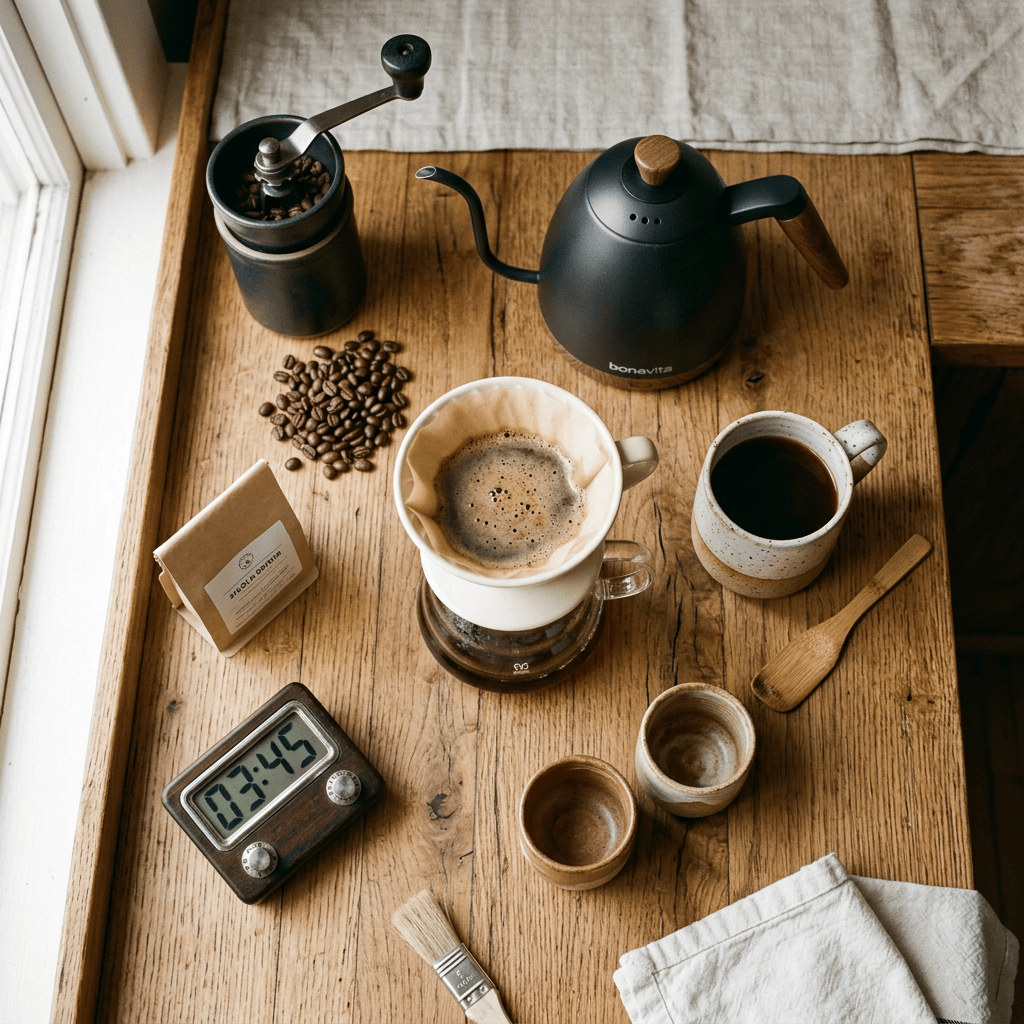 Pour-over coffee setup with beans, kettle, grinder, cups, and timer