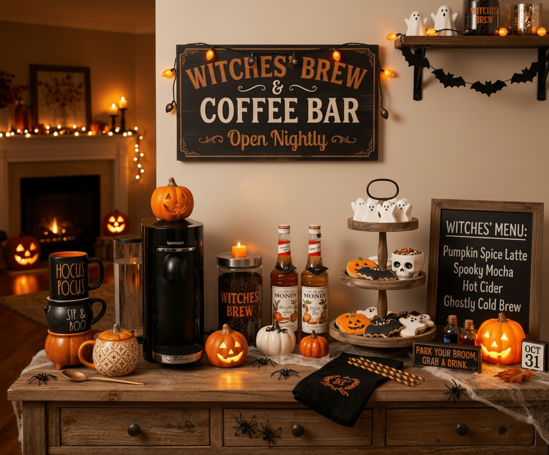 Clean up and modernize the existing Halloween home coffee bar image while preserving its subject and overall composition. Use a polished, editorial coffee-magazine look: tidy visual clutter, improve lighting and contrast, refine details, and keep the Halloween atmosphere tasteful and contemporary with warm coffee tones and subtle spooky accents.