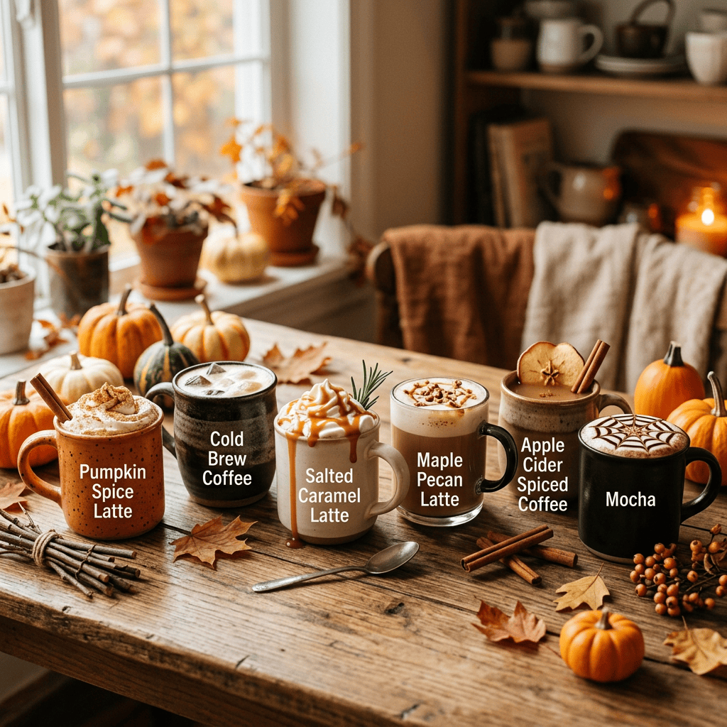 Six labeled seasonal drinks: Pumpkin Spice Latte, Cold Brew Coffee, Salted Caramel Latte, Maple Pecan Latte, Apple Cider Spiced Coffee, and Mocha