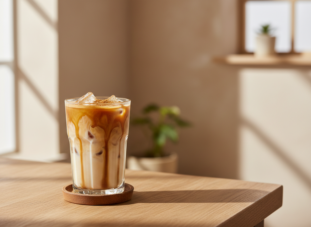 A beautifully styled brown sugar shaken espresso with oat milk over ice, on a wooden table in warm morning light