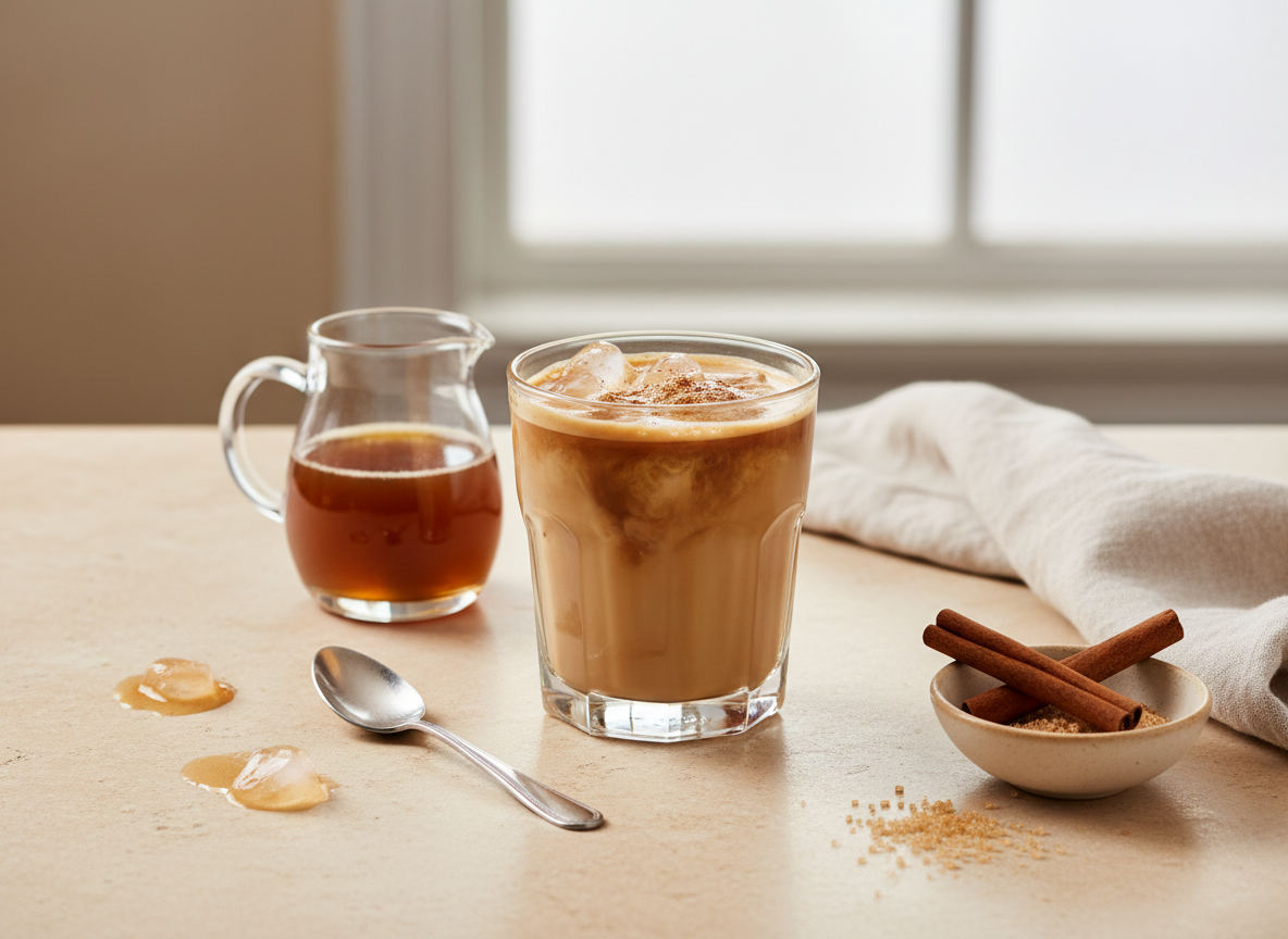 Espresso, brown sugar syrup, cinnamon, oat milk, and ice arranged on a warm cream countertop.