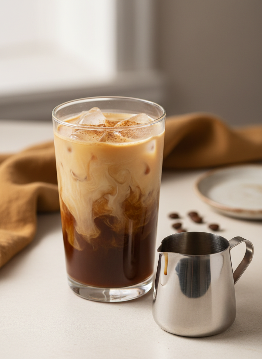 Brown sugar shaken espresso with oat milk and cinnamon served over ice in a clear glass.