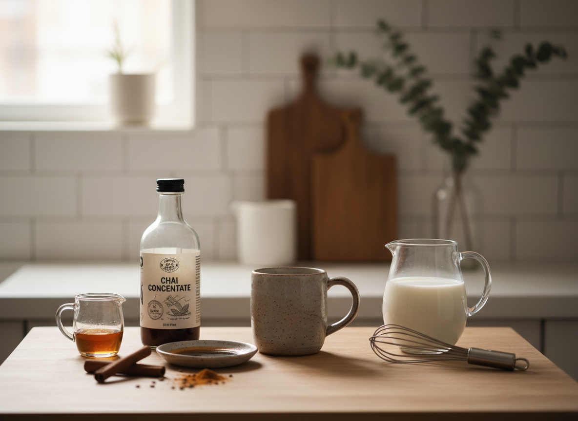 Ingredients for a homemade dirty chai latte laid out on a kitchen counter, including chai concentrate, espresso, and milk