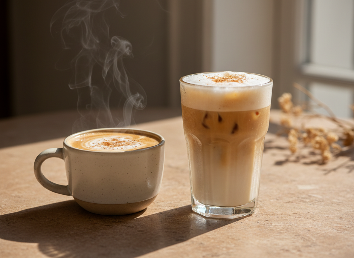 Side-by-side hot and iced dirty chai lattes, showing both serving styles of this homemade coffeehouse drink
