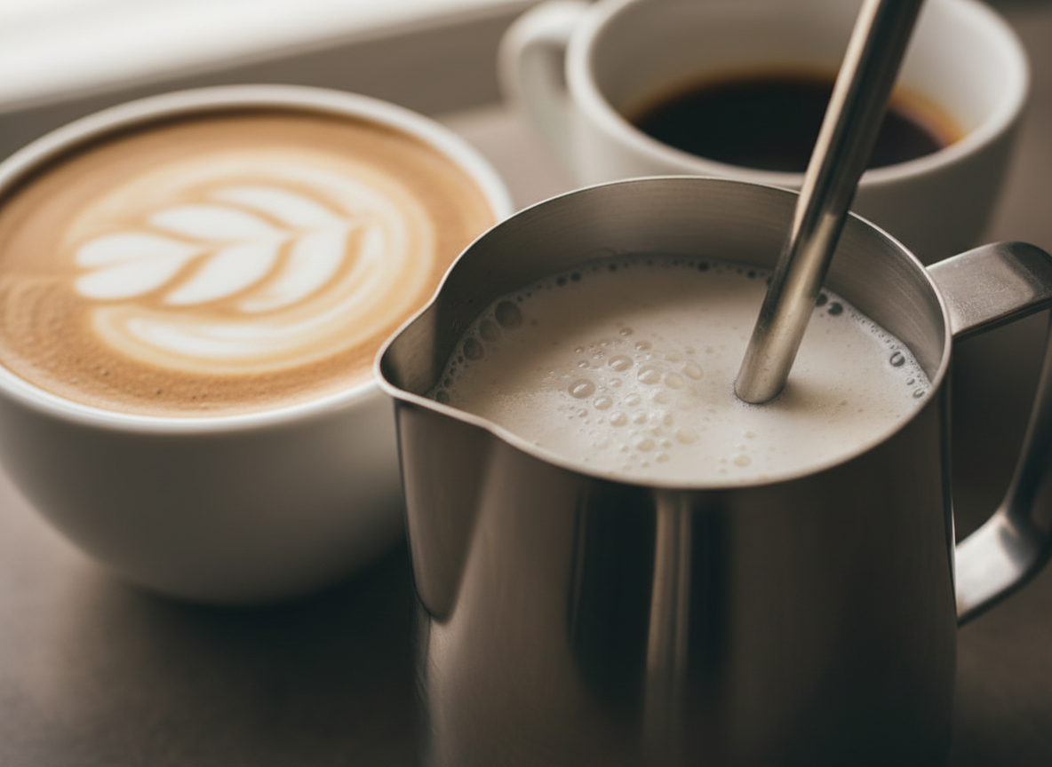 Milk being frothed into silky microfoam beside a homemade latte.