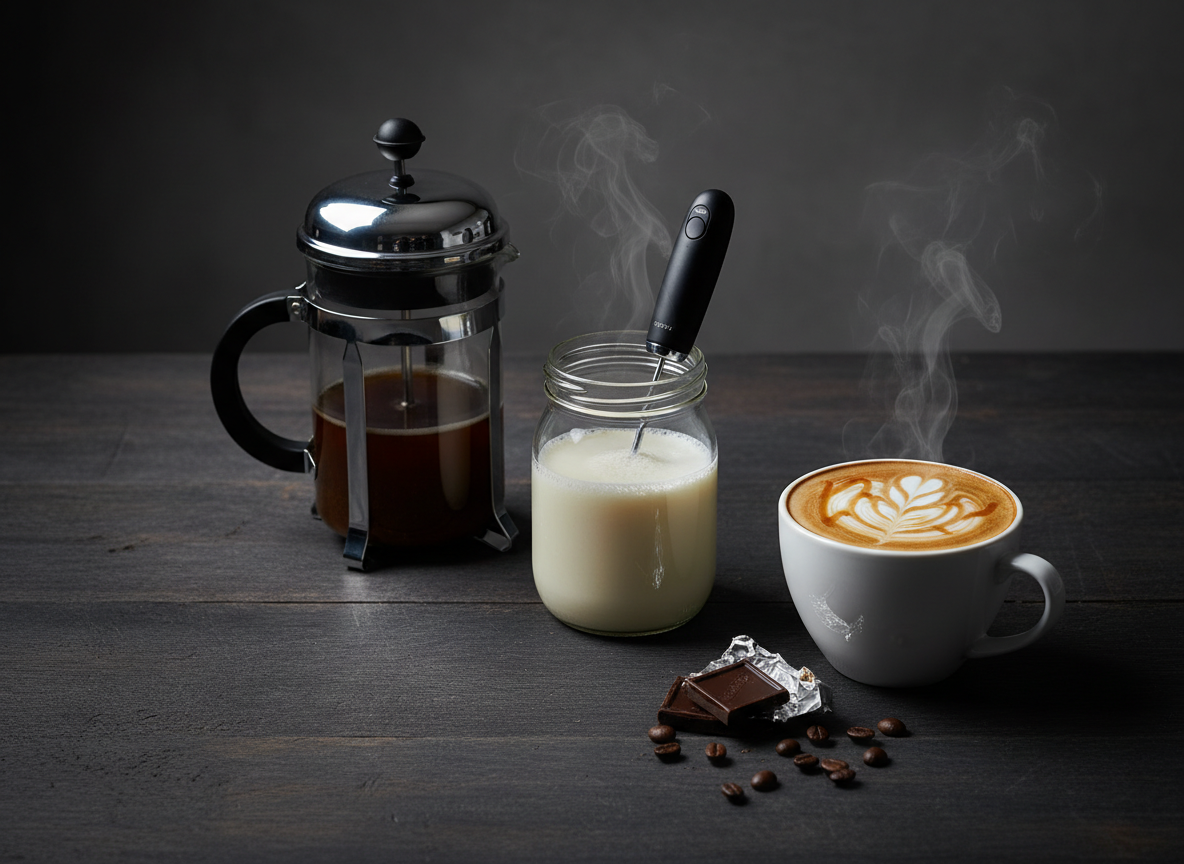 French press, glass jar, handheld frother, and homemade latte arranged for milk frothing.